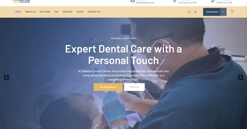 Custom web development solutions for Obedoza Dental Center’s website with responsive design and patient-focused features